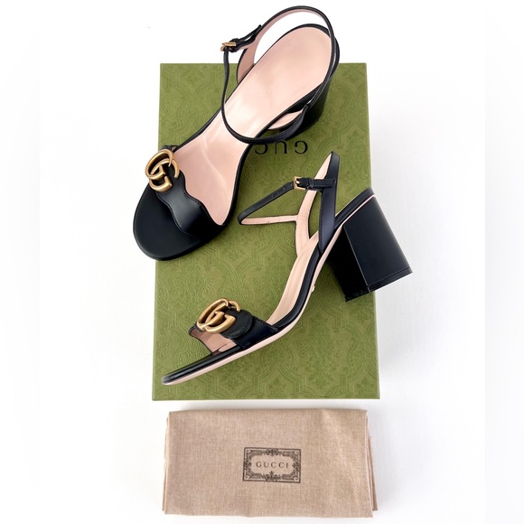 Gucci Shoes - GUCCI | Marmont Double GG Black Leather Mid Heel Block Sandal EU 37.5 US 7.5
